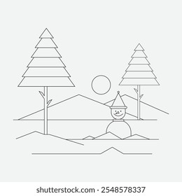 Line art or clipart design of Christmas with trees and snowman. Vector illustration.  