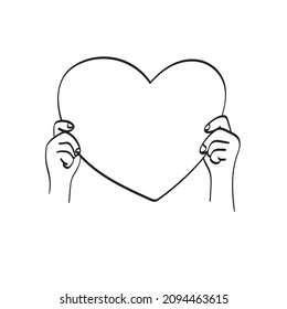line art closeup hand holding big heart sign illustration vector hand drawn isolated on white background 