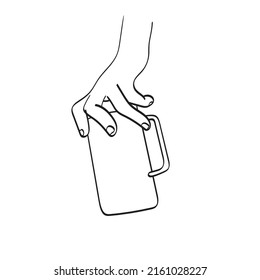 line art closeup hand holding mug illustration vector hand drawn isolated on white background