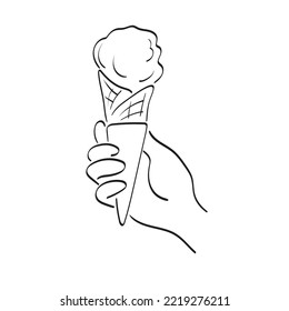 line art closeup hand holding cone  ice cream illustration vector hand drawn isolated on white background