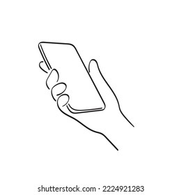 line art closeup hand holding smartphone illustration vector hand drawn isolated on white background
