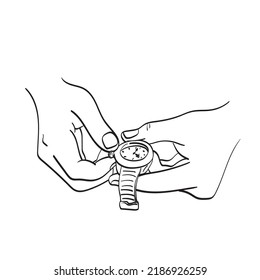 line art closeup hand setting a watch illustration vector hand drawn isolated on white background