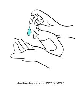 line art closeup hand using alcohol wash gel for cleaning sanitize gel pump dispenser illustration vector hand drawn isolated on white background