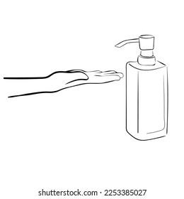 line art closeup hand using alcohol wash gel for cleaning sanitize gel pump dispenser illustration vector hand drawn isolated on white background
