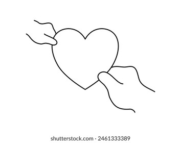 Line art closeup a little and a big hand holding big heart sign in mother and father day collection