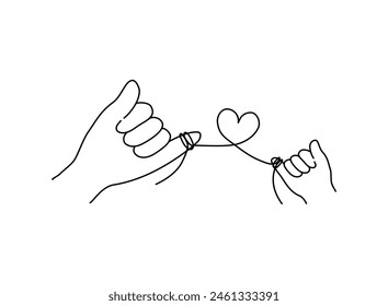 Line art closeup a little and a big hand wrapping the thread on pinky in a heart shape in mother and father day collection