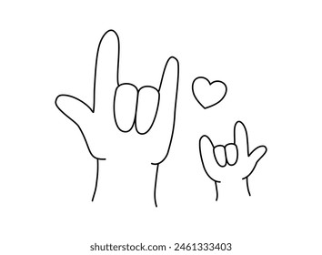 Line art closeup a little and a big hand making I love you sign in mother and father day collection