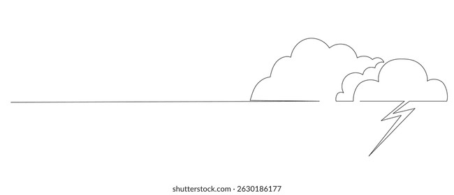 Line Art Cloud and Thunderbolt Lightning Abstract Illustration. One Continuous Contour Sketch Outline Icon. Environment, Nature and Weather Theme.  Editable Thin Stroke Silhouette Modern Trendy Drawn.