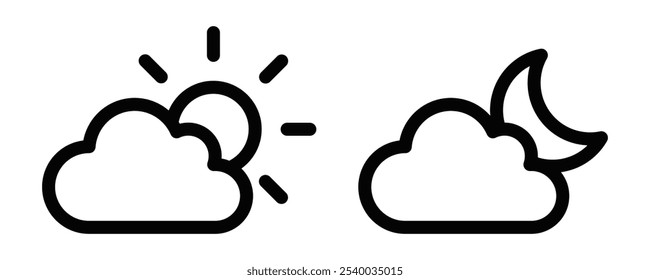 Line art of cloudy weather with sun and moon icons, perfect for weather apps or forecasts. Vector illustration. Editable stroke.