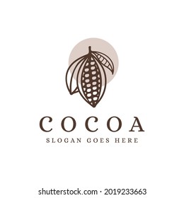 Logotipo de la rama de cacao lineal, frijol de cacao, logotipo de la planta de cacao icono de la plantilla vectorial sobre fondo blanco