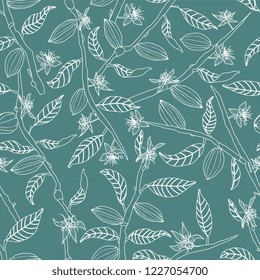 Line art cocoa tree branches bearing flowers and fruit pods seamless vector pattern background. Great for fabric, packaging, paper, stationery, home decor, wallpaper and more.