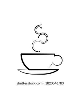 Line art coffee cup in beautiful style isolated on white background. Ink line drawing vector illustration. Graphic element. Contour symbol. Outline icon. Clip art Poster for print hot drink with steam