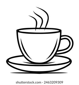 Line art of coffee cup on saucer in black and white