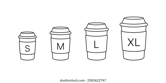 Line art of coffee cup sizes: small medium large extra large. Vector icon