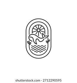 Emblema de café de arte lineal con olas del océano y una ballena, que simboliza la calma y la energía.