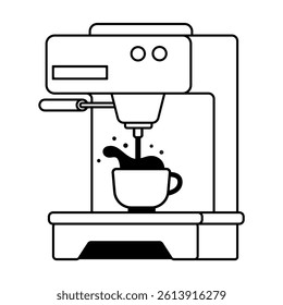Line Art of a Coffee Machine Making Coffee in a Cup