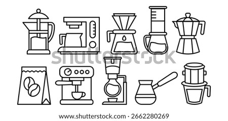 Line Art Coffee Maker Machine Icon Black and White Illustrations of Brewing Equipment, Beverage, Kitchen, Cafe, Appliance, Barista, Expresso, Symbol Vector Design Illustration Collection