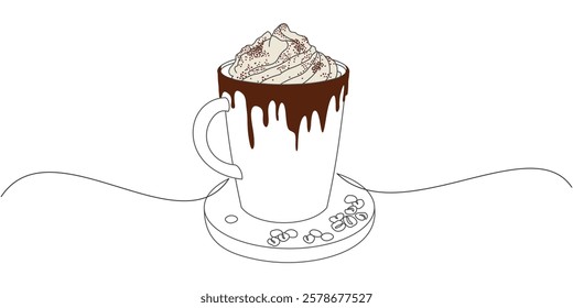 Line Art Coffee Mug with Chocolate Drizzle and Whipped Cream – Minimalist Microstock Illustration	