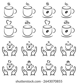 Line Art Kaffee- und Teetassen mit Herz- und Blattdesigns