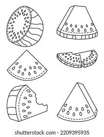 Line art collection of 6 elements Ripe watermelons Healthy vegan food Summer themed vector illustration for icon, stamp, label, badge, sticker or gift card decor