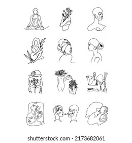 line art collection of afro women mothers with line art style botanical dan floral