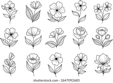 Line Art Collection An arrangement of delicate floral illustrations featuring a variety of flowers with elegant stems and leaves, perfect for nature-inspired designs and creative projects. Hand-drawn 