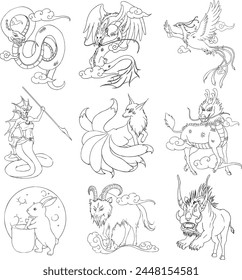 Line art collection of Asian Mythical Creatures Illustrations (Teng She, Ying Long, Vermilion bird, Naga, nine-tailed fox, Qilin, moon rabbit, Bai Ze, Tao Tei)