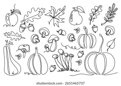 Coleção de elementos de outono, incluindo abóboras, cogumelos, folhas de carvalho e bordo, bolotas, maçã, pera e ramo em preto sobre branco. Para desenhos sazonais, embalagens, cartões de saudação