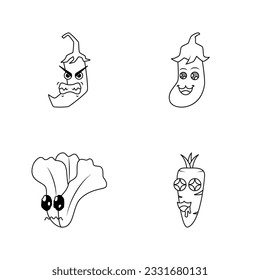 line art collection of chili, eggplant, carrot, mustard greens. outline, cartoon, emoticon style. sad, happy, angry, temted expression. use for logo, sticker, print, icon, symbol