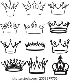 Line art collection of crown silhouettes vector art