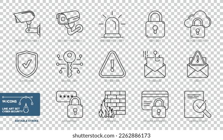 Colección De Arte De Línea De Iconos De Ciberseguridad Set - Diferentes Ilustraciones Vectoras Aisladas En Fondo Transparente