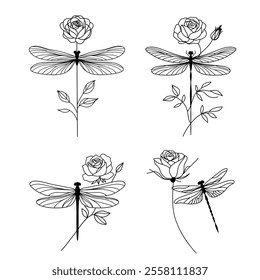 Line art collection drawing of dragonflies and roses. Wall art, wedding invitations, greeting cards, logos, packaging design, fabric prints, product labels 