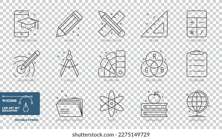 Conjunto De Iconos De La Colección De Arte De Línea De La Educación - Ilustraciones De Vectores Diferentes Aisladas En Fondo Transparente