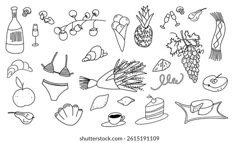 Line art collection of food, fruits, drinks, and summer vacation items in a playful hand-drawn style.
