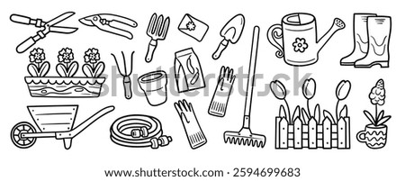 Line art collection of gardening tools and elements including pruning shears, trowel, watering can, and flower pots. Perfect for gardening guides, spring season promotions, and hobby illustrations.