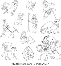 Line Art Kollektion der mythischen Kreaturen Illustrationen (Harpyie, Karbunkel, Minotaur, Jackalope, Anubis, Griffin, Centaur, Sphinx, Pegasus, Werwolf, Kraken)