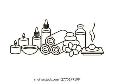 Line art collection of spa and wellness items: candles, essential oil bottles, rolled towels, hot stones, flower, and incense burner.