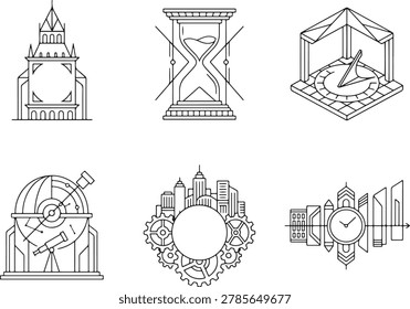 Line Art Collection: Time, Innovation, Urban Architecture, History and Technological Evolution Icons