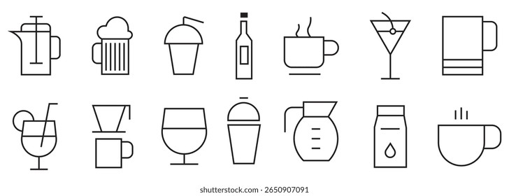 Line art collection of various soft drinks and alcohol icon pack. Containing bottle, wine glass, mineral water, tea, coffee, juice, cup, cocktail, beer, soda can, soft drink  and more. 