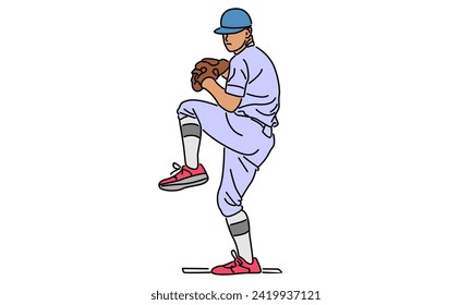 line art color of baseball player vector illustration