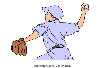 line art color of baseball player vector illustration
