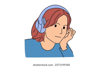 line art color of beautiful girl listening music in headphones