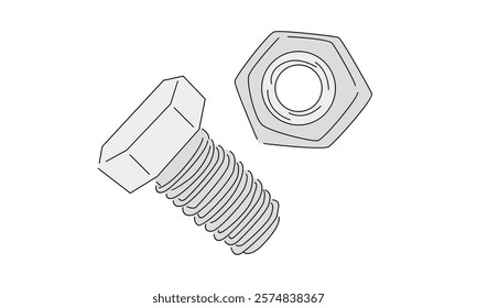 line art color of bolt and nuts illustration