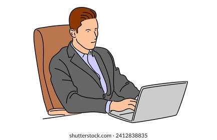 line art color of businessman sitting with laptop computer