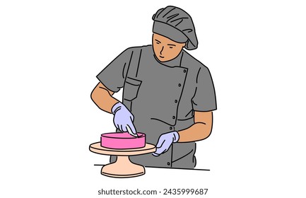 line art color of chef baking and decorating cake