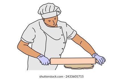 line art color of chef rolling dough with rolling pin