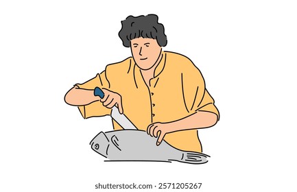 line art color of chef slicing a big fish