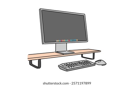 line art color of computer monitor working desk illustration