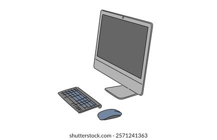 line art color of computer monitor working desk illustration