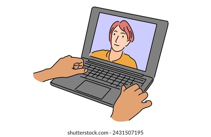 line art color of computer with people doing video call